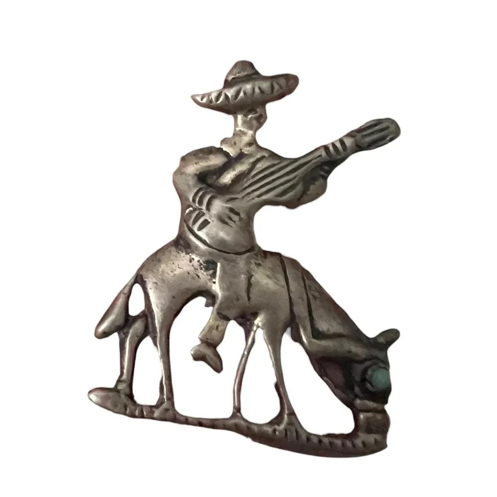 Vintage Sterling Mexico Donkey Brooch‎ Turquoise Eye Burro Pin